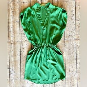 Alice + Olivia Green Silk Mini Dress XS | Satin Button Front Elastic Waist